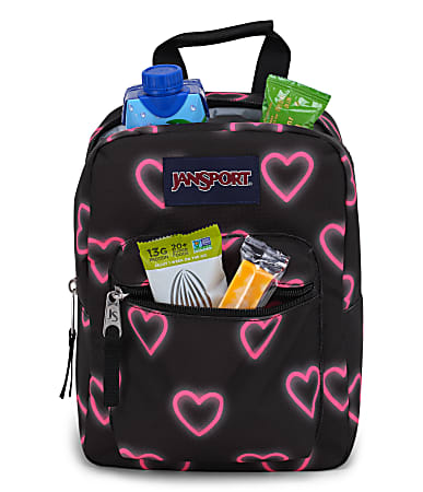 Jansport Big Break Lunch Bag 10 H x 7 1 2 W x 5 D 100 Recycled Happy Hearts Black