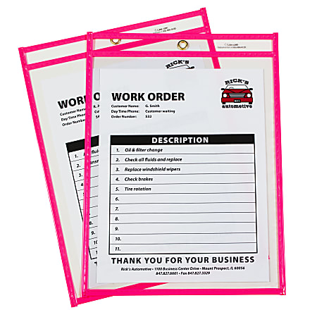C-Line Stitched Shop Ticket Holders, 9” x 12” Paper Size, 14-3/4”L x 10-5/8”W x 1-3/16”H, Neon Pink/Clear, Box Of 15 Ticket Holders