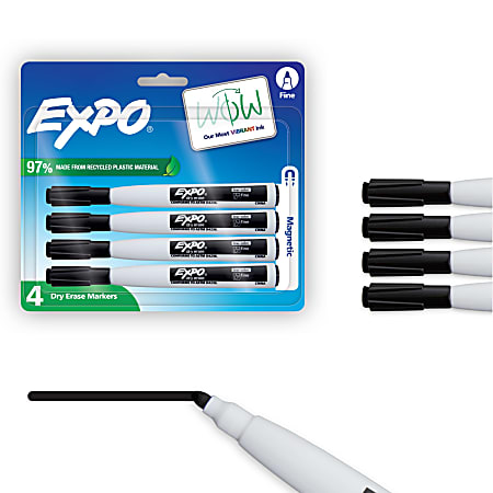 EXPO® Magnetic Dry Erase Markers With Eraser, Fine Tip, Black Ink, Pack Of 4