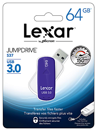 Lexar® JumpDrive® S37 USB 3.0 Flash Drive, 64GB, Purple, LJDS37-64GABNL