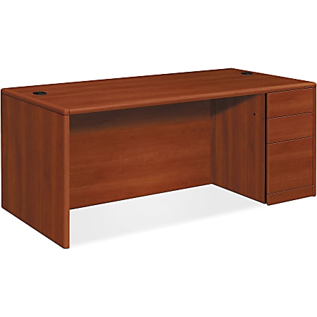 HON 10700 Series Single-Pedestal Desk - 66" x 30" x 29.5" x 1.1" - File Drawer(s) - Double Pedestal on Right Side - Waterfall Edge - Material: Particleboard, Hardwood Trim - Finish: High Pressure Laminate (HPL), Cognac