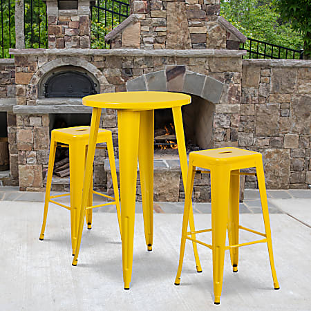 Flash Furniture Commercial-Grade Round Metal Indoor/Outdoor Bar Table Set With 2 Square-Seat Backless Stools, 41"H x 24"W x 24"D, Yellow