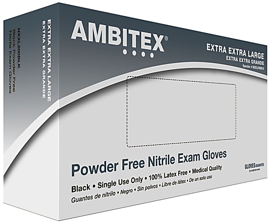 Ambitex Black Disposable Powder-Free Nitrile Exam Gloves, 2X, Black, Pack Of 90 Gloves
