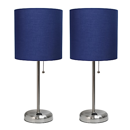 LimeLights Stick Desktop Lamps With Charging Outlets, 19-1/2", Navy Shade/Brushed Nickel Base, Set Of 2 Lamps