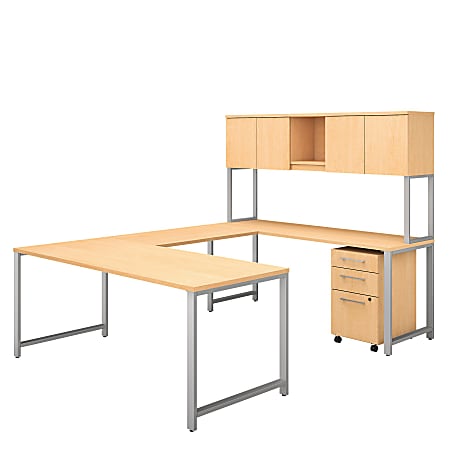 Bush Business Furniture 400 Series U Shaped Table Desk with Hutch and 3 Drawer Mobile File Cabinet, 72"W x 30"D, Natural Maple, Standard Delivery