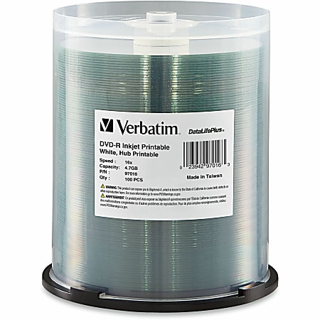 Verbatim® DVD-R Printable Disc Spindle, White, Pack Of 100