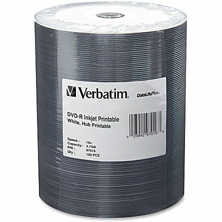 Verbatim® DVD-R Printable Disc Spindle, White, Pack Of