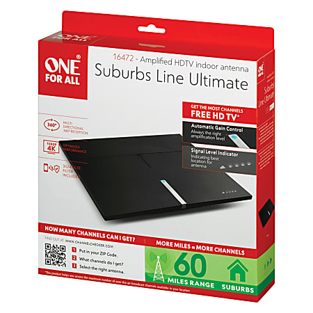 One For All 16472 Suburbs Line Pro Amplified Indoor Flat HDTV Antenna With Automatic Gain Control