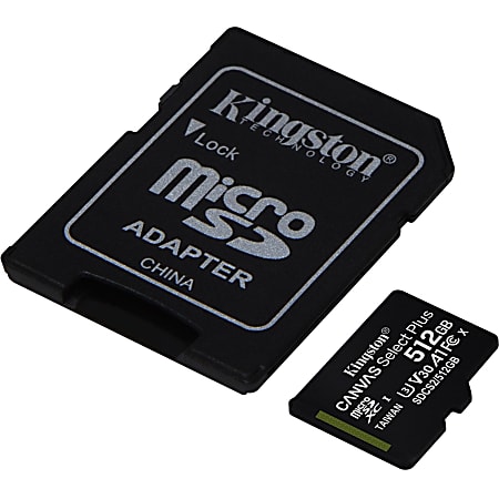 Kingston Canvas Select Plus SDCS2 512 GB Class 10/UHS-I (U3) microSDXC - 1 Pack - 100 MB/s Read - 85 MB/s Write - Lifetime Warranty