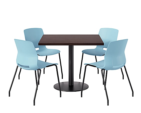 KFI Studios Proof Cafe Pedestal Table With Imme Chairs, Square, 29”H x 36”W x 36”W, Cafelle Top/Black Base/Sky Blue Chairs