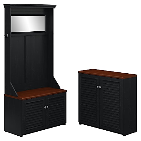 Bush Furniture Fairview Hall Tree With Shoe Bench And Small Storage Cabinet, Antique Black/Hansen Cherry, Standard Delivery