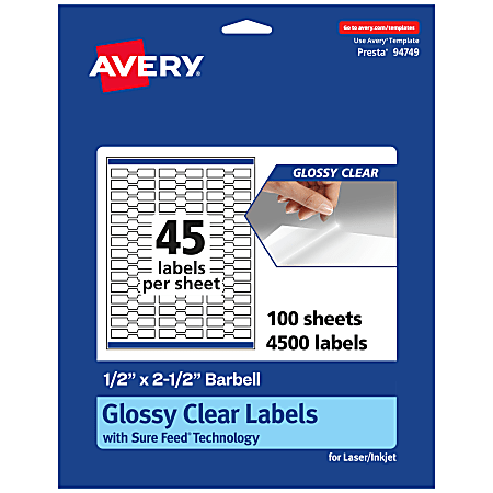 Avery® Glossy Permanent Labels With Sure Feed®, 94749-CGF100, Barbell, 1/2" x 2-1/2", Clear, Pack Of 4,500