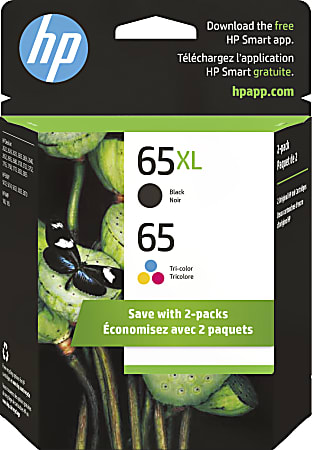 HP 65XL Black/65 Tri-Color High-Yield Ink Cartridges, Pack Of 2, 6ZD95AN