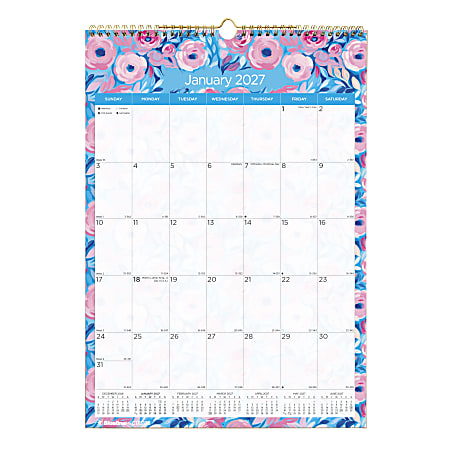 2027 Blueline Colorful Monthly Wall Calendar, 12" x 17", Floral, January To December, C173128, Total Qty 1