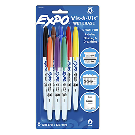 EXPO® Vis-A-Vis® Wet-Erase Fine-Tip Markers, Assorted Colors, Pack Of 8