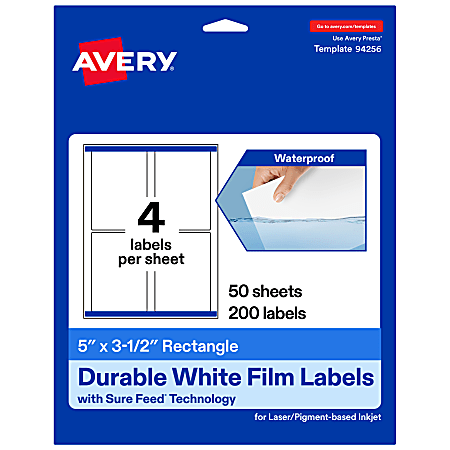 Avery® Waterproof Permanent Labels With Sure Feed®, 94256-WMF50, Rectangle, 5" x 3-1/2", White, Pack Of 200