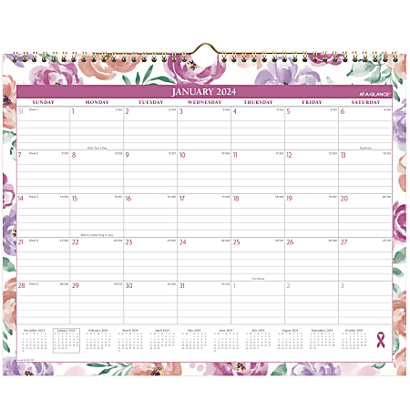 2024 AT-A-GLANCE® BADGE City of Hope Monthly Wall Calendar, 15" x 12", Floral, January to December 2024, 1675F-707