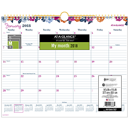 AT-A-GLANCE® Eva Monthly Wall Calendar, 15" x 12", 30% Recycled, January to December 2018 (W1044-707-18)
