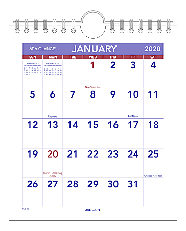 AT-A-GLANCE® Mini Monthly Wall Calendar, 7" x 8", Blue/Red, January To December 2020, PM528 