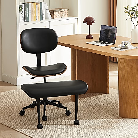 Bestier Ergonomic Faux Leather Mid-Back Cross Legged Office Task Chair With Wheels, Black