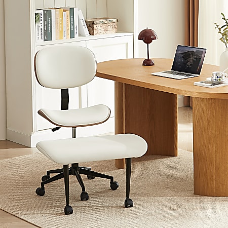 Bestier Ergonomic Faux Leather Mid-Back Cross Legged Office Task Chair With Wheels, White