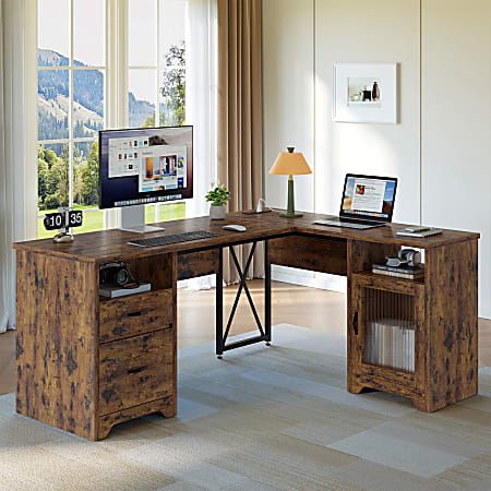 Bestier 63"W L-Shaped Corner Desk With Drawers and Power Outlets, Rustic Brown