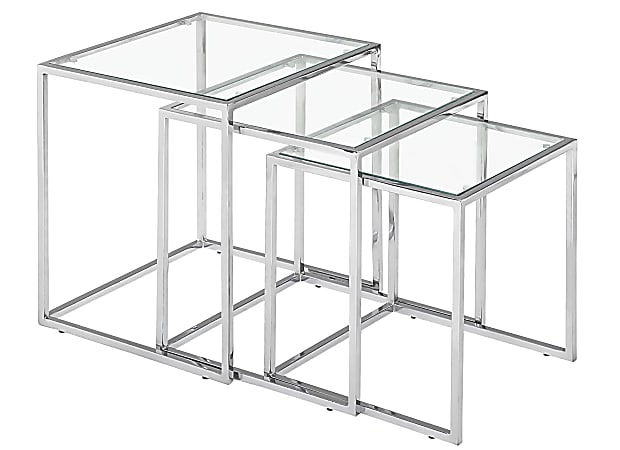 Zuo Modern Pasos Nesting Tables, Square, Clear/Chrome, Set Of 3 Tables