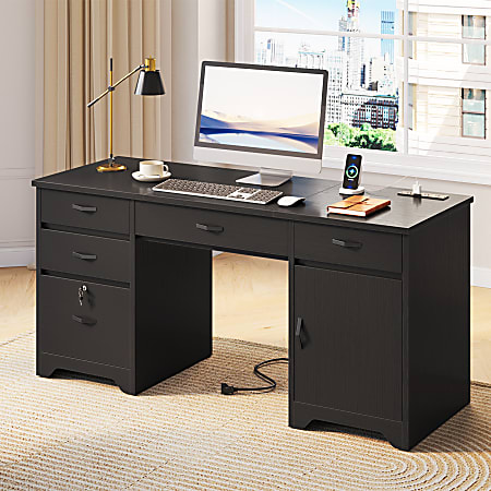 Bestier 60"W Executive Computer Desk With Drawers And Power Outlets, Black