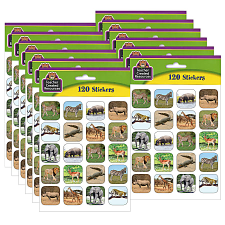 Teacher Created Resources® Stickers, Safari Animals, 120 Stickers Per Pack, Set Of 12 Packs