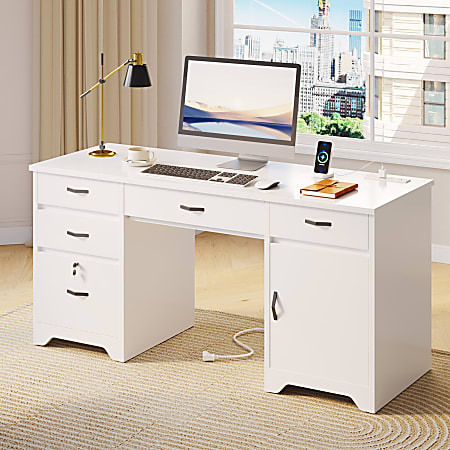 Bestier 60"W Executive Computer Desk With Drawers And Power Outlets, White