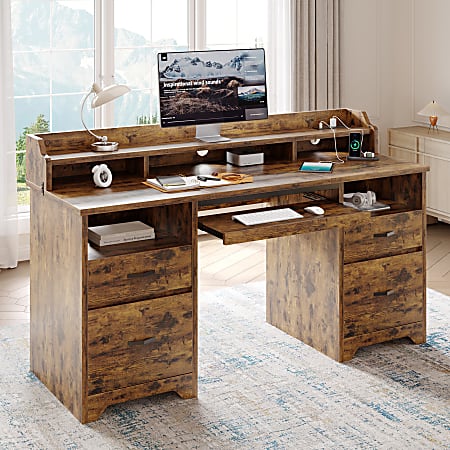 Bestier 60"W Computer Desk With Keyboard Tray And Power Outlet, Rustic Brown
