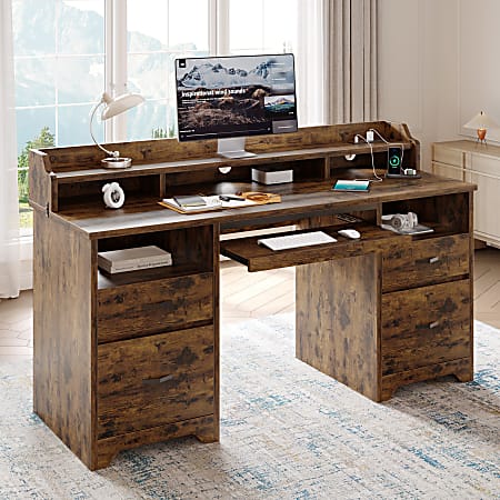 Bestier 60"W Computer Desk With Keyboard Tray And Power Outlet, Rustic Brown