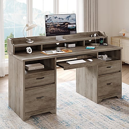 Bestier 60"W Computer Desk With Keyboard Tray And Power Outlet, Gray
