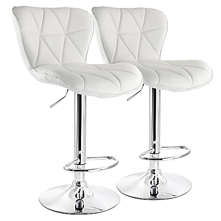 Elama Diamond-Tufted Faux Leather Adjustable Bar Stools, White/Chrome, Set Of 2 Stools