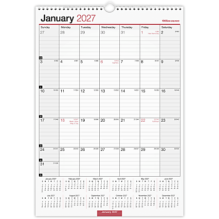 Office Depot Brand Monthly Wall Calendar, 12" x 17", White, January 2027 to December 2027, OD30162827