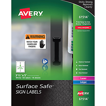 Avery® Surface Safe Sign Labels, 3 1/2" x 5", Square, Pack Of 60