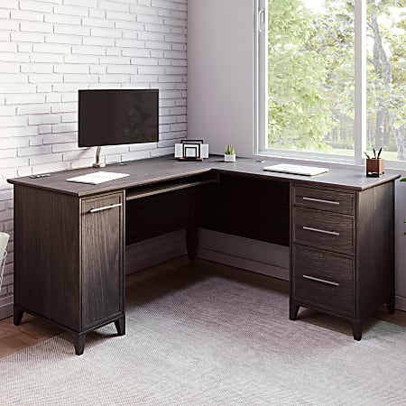 Realspace&reg; Koru 60"W L-Shaped Corner Computer Desk With Integrated Power &amp; Charging, Espresso Oak, BIFMA Compliant