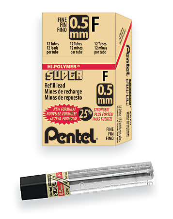 Pentel® Super Hi-Polymer® Leads, 0.5 mm, F, Medium, 12 Leads Per Tube