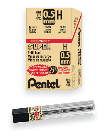 Pentel® Super Hi-Polymer® Leads, 0.5 mm, H, Medium, 12 Leads Per Tube