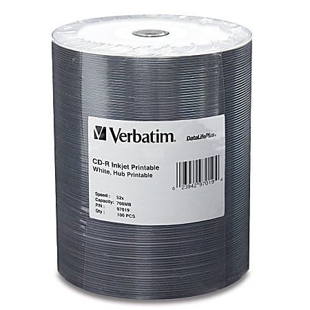 Verbatim® CD-R Printable Disc Spindle, White, Pack Of 100
