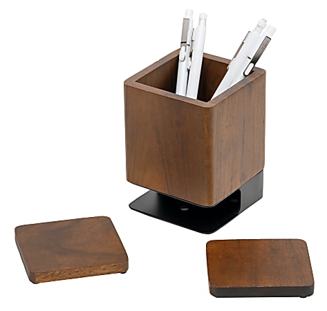 Realspace® Wood/Metal Pen Cup With Coasters, 5-1/4"H x 3-3/4"W x 3-3/4"D, Walnut/Black