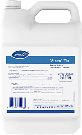 Diversey Virex TB Disinfectant Cleaner, Lemon Scent, 1 Gallon Bottle, Pack Of 4 Bottles