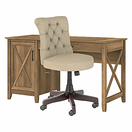 Bush Furniture Key West 54"W Computer Desk With Storage And Mid-Back Tufted Office Chair, Reclaimed Pine, Standard Delivery