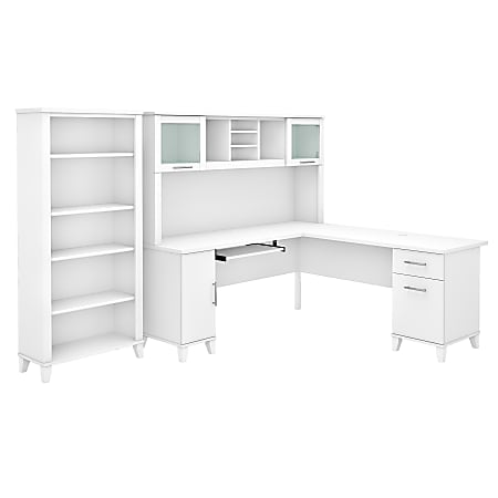 Bush Furniture Somerset 72"W L-Shaped Desk With Hutch And 5-Shelf Bookcase, White, Standard Delivery