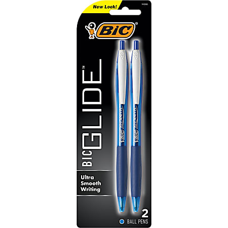 BIC® Glide Pens, Pack Of 2, Medium Point, 1.0 mm, Blue/Nickel Silver Barrel, Blue Ink