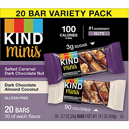 KIND Minis Dark Chocolate Nut Bars Variety - Trans Fat Free, Gluten-free, Low Glycemic, Low Sodium - Salted Caramel Dark Chocolate Nut, Dark Chocolate Almond Coconut - 0.70 oz - 20 / Pack