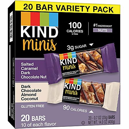 KIND Minis Dark Chocolate Nut Bars Variety - Trans Fat Free, Gluten-free, Low Glycemic, Low Sodium - Salted Caramel Dark Chocolate Nut, Dark Chocolate Almond Coconut - 0.70 oz - 20 / Pack