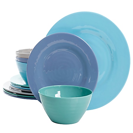 Gibson Brist 12-Piece Dinnerware Set, Gray/Blue/Light Blue/Teal