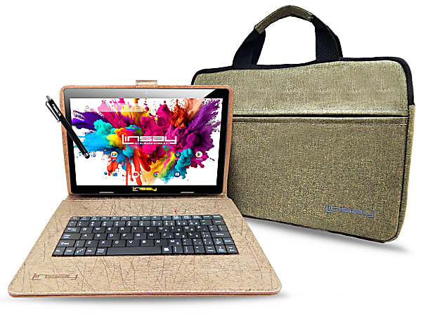 Linsay Octa Core Tablet, 10.1”, 4GB Memory, 128GB Storage, Android 13, With Brown Unique Oracle Keyboard Case And Tablet Briefcase