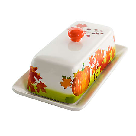 Gibson Home Harvest Leaves Butter Dish, 7-3/4”, White